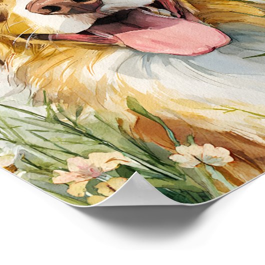 Happy Australian Shepherd in Flowers – Waterverf Poster (Hoek)