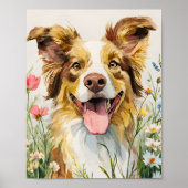 Happy Australian Shepherd in Flowers – Waterverf Poster (Voorkant)