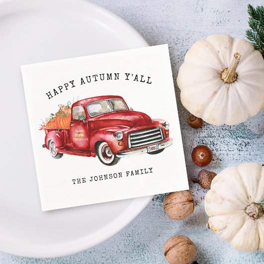 Happy Autumn Red Truck Pumpkins Personalized Servet