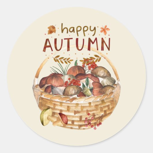 Happy Autumn Wild Mushroom Basket Harvest Ronde Sticker (Voorkant)