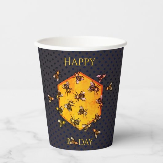 Happy B Day Honey Bees Black Yellow Funny Birthday Papieren Bekers (Voorkant)