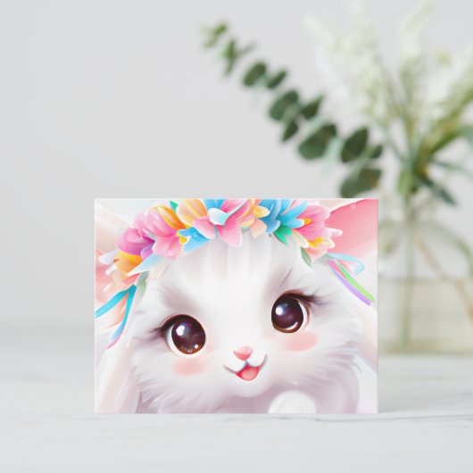 Happy Baby Bunny met bloemen en een regenboog Briefkaart (Staand voorkant)