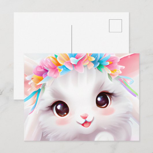 Happy Baby Bunny met bloemen en een regenboog Briefkaart (Voorkant / Achterkant)