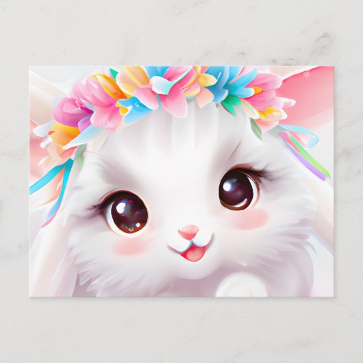 Happy Baby Bunny met bloemen en een regenboog Briefkaart (Voorkant)