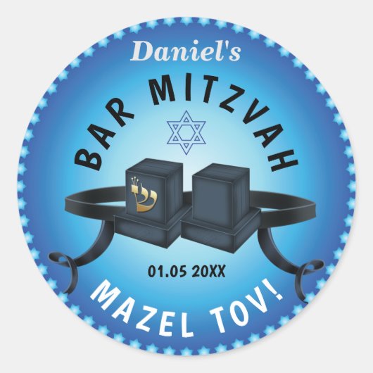 Happy Bar Mitzvah 20XX Blue Decorative Ronde Sticker (Voorkant)