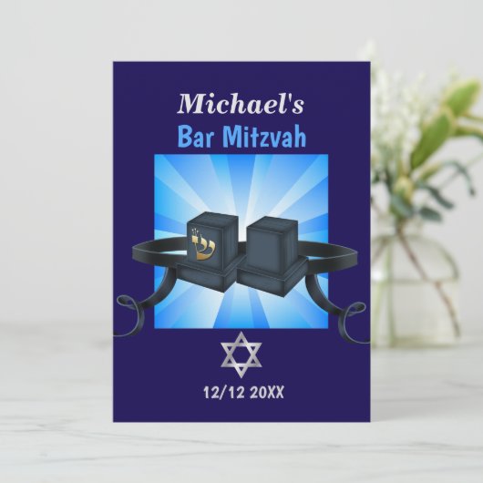 Happy Bar Mitzvah 20XX Tefillin Blauw Gepersonalis Feestdagenkaart (Staand voorkant)