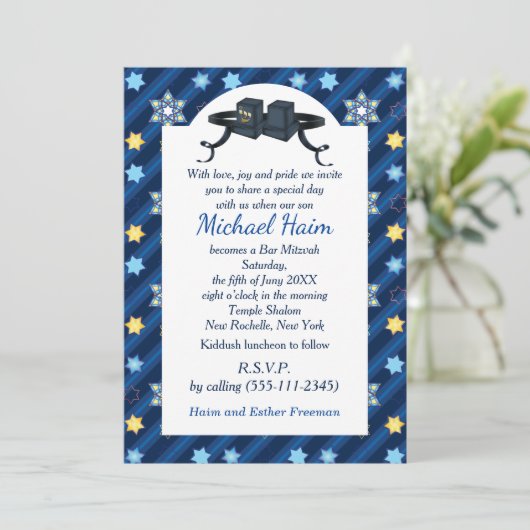 Happy Bar Mitzvah 20XX Tefillin Blauw Ster Modern Kaart (Staand voorkant)
