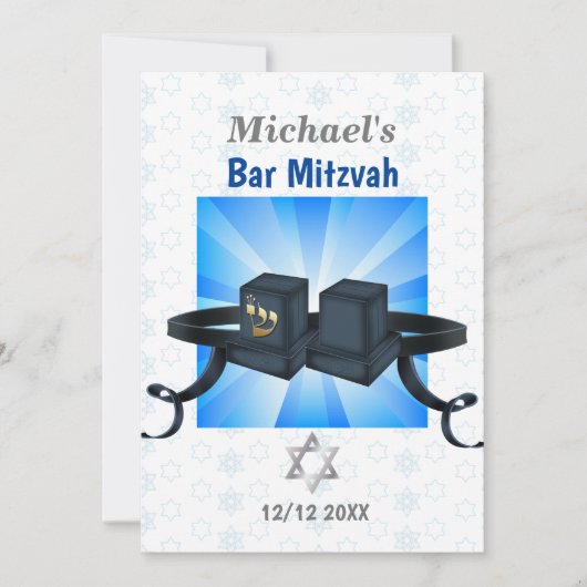 Happy Bar Mitzvah 20XX Tefillin Blue Invitation Kaart (Voorkant)