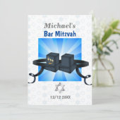 Happy Bar Mitzvah 20XX Tefillin Blue Invitation Kaart (Staand voorkant)