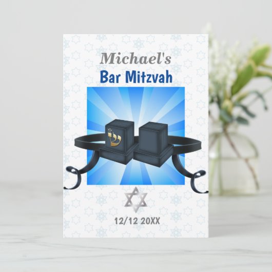 Happy Bar Mitzvah 20XX Tefillin Blue Invitation Kaart (Staand voorkant)