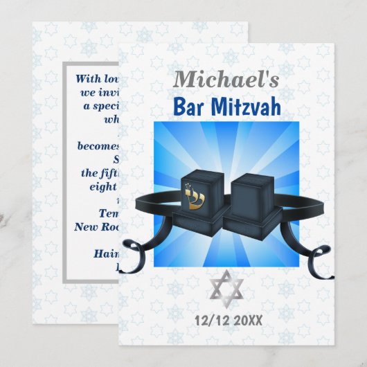 Happy Bar Mitzvah 20XX Tefillin Blue Invitation Kaart (Voorkant / Achterkant)