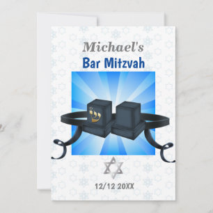 Happy Bar Mitzvah 20XX Tefillin Blue Invitation Kaart