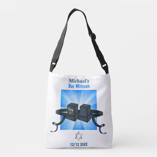 Happy Bar Mitzvah 20XX Tefillin Mazel Tov! Crossbody Tas (Achterkant)