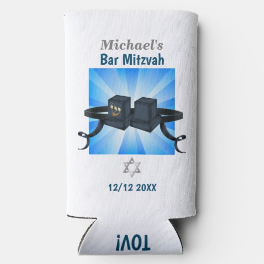 Happy Bar Mitzvah 20XX Tefillin Mazel Tov! Seltzer Blikjeskoeler (Achterkant)