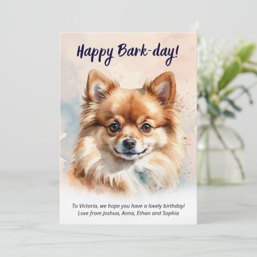 Happy Bark-day Waterverf Pommerse hondenverjaardag Kaart (Staand voorkant)