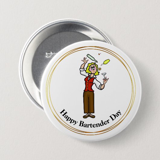 Happy Bartender Day Button - Cartoon Vrouw (Voorkant /achterkant)