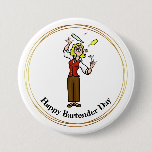 Happy Bartender Day Button - Cartoon Vrouw (Voorkant)