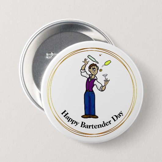 Happy Bartender Day Button - Mannelijke Cartoon (Voorkant /achterkant)