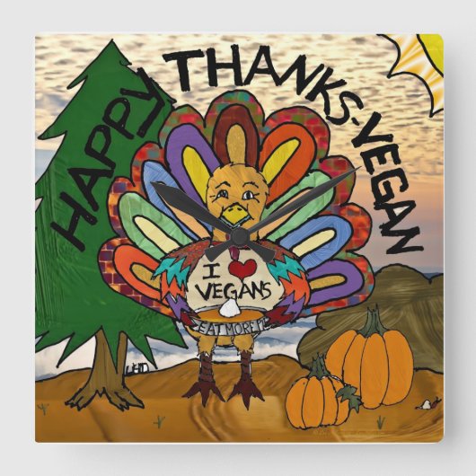 Happy Bedankt Vegan Thanksgiving Turkije Vierkante Klok (Voorkant)