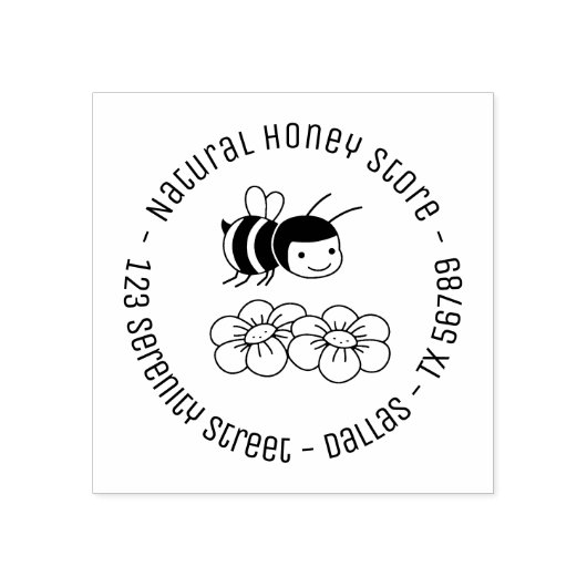 Happy Bee and Flowers Round Business Address 4 Rubberstempel (Afrduk)