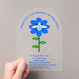 Happy bee Day Boy Blue Birthday Bumblebee Custom Acryl Uitnodigingen