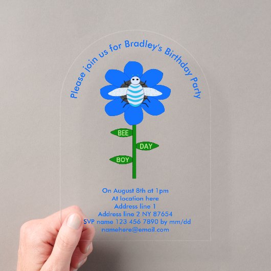 Happy bee Day Boy Blue Birthday Bumblebee Custom Acryl Uitnodigingen (Insitu (Draagbaar))