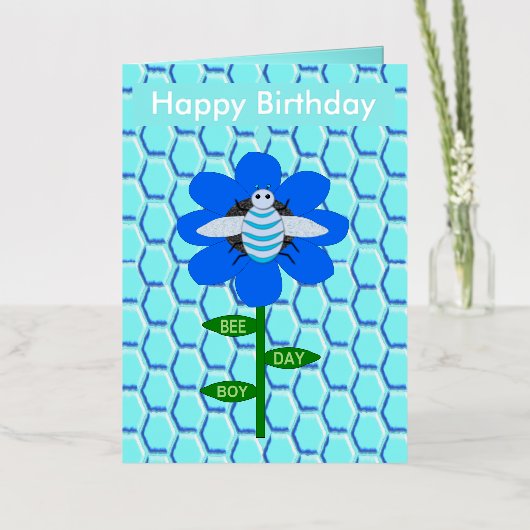 Happy bee Day Boy Blue Birthday Bumblebee Custom Folie Wenskaart (Bloemen)