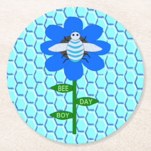Happy bee Day Boy Blue Birthday Bumblebee Ronde Kartonnen Onderzetter
