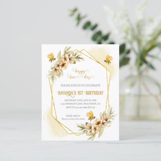 Happy Bee-day Eerste Verjaardag Uitnodiging (Staand voorkant)