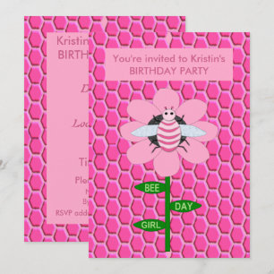 Happy bee Day Girl Pink Birthday Bumblebee Custom Kaart