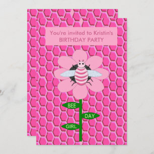 Happy bee Day Girl Pink Birthday Bumblebee Custom Kaart