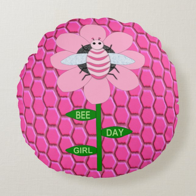 Happy bee Day Girl Pink Birthday Bumblebee Rond Kussen (Voorkant)