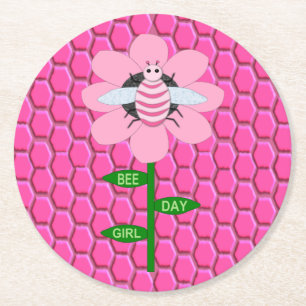 Happy bee Day Girl Pink Birthday Bumblebee Ronde Kartonnen Onderzetter