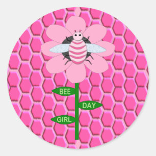 Happy bee Day Girl Pink Birthday Bumblebee Ronde Sticker