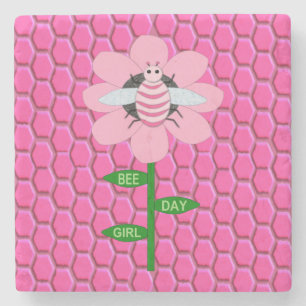 Happy bee Day Girl Pink Birthday Bumblebee Stenen Onderzetter