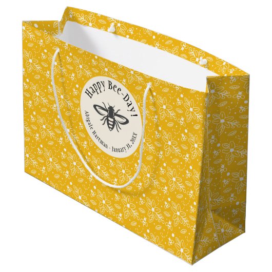 Happy Bee-Day Honey Bee Yellow Groot Cadeauzakje (Achterkant Gekanteld)