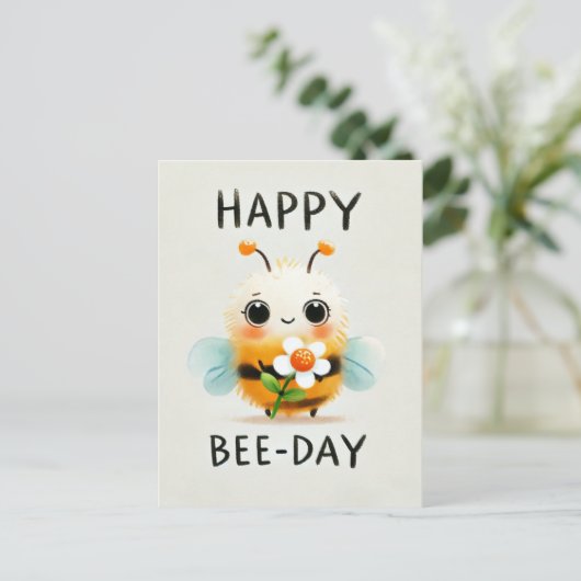 Happy Bee-Day Kaart - Schattigee Bijen met Bloem (Staand voorkant)