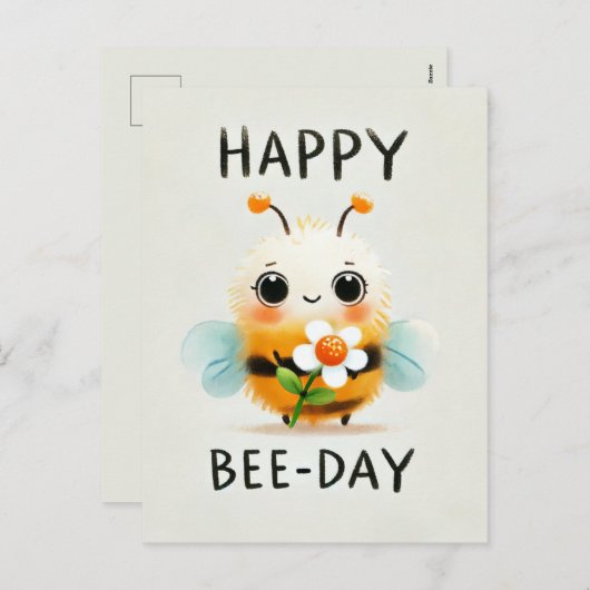 Happy Bee-Day Kaart - Schattigee Bijen met Bloem (Voorkant / Achterkant)