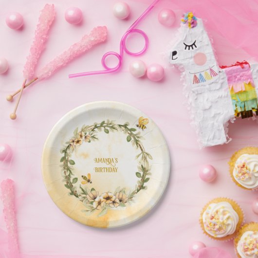 Happy Bee-day Waterverf Verjaardagsfeest Papieren Bordje (Feest)