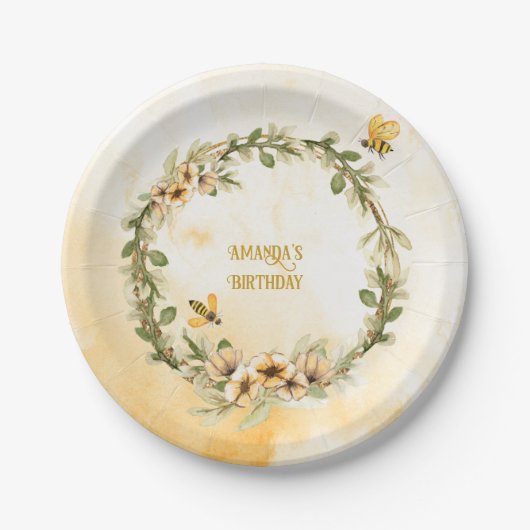 Happy Bee-day Waterverf Verjaardagsfeest Papieren Bordje (Voorkant)