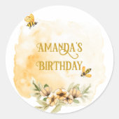 Happy Bee-day Waterverf Verjaardagsfeest Ronde Sticker (Voorkant)