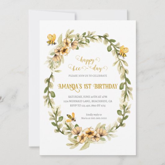 Happy Bee-day Waterverf Verjaardagsuitnodiging Kaart (Voorkant)