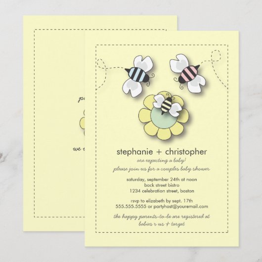 Happy bee Family koppels neutraal Baby shower Kaart (Voorkant / Achterkant)