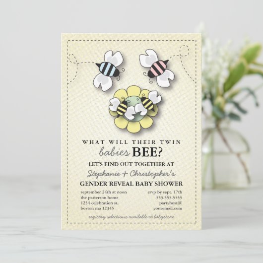 Happy bee Family Twins Gender onthullen Baby showe Kaart (Staand voorkant)