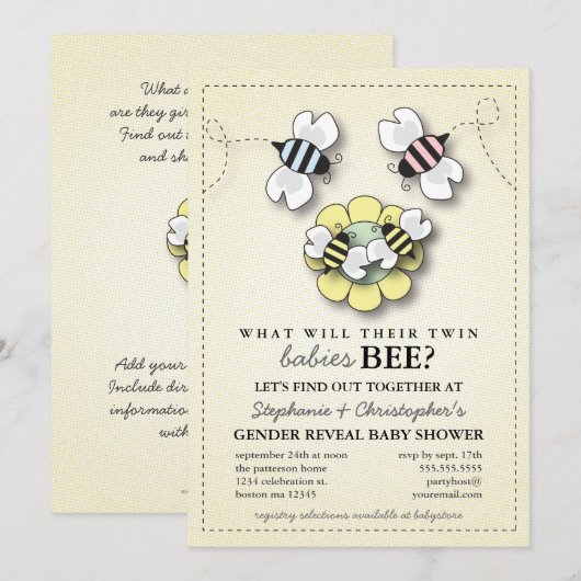 Happy bee Family Twins Gender onthullen Baby showe Kaart (Voorkant / Achterkant)