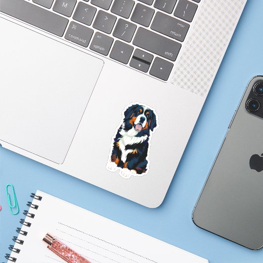 Happy Bernese Mountain Dog Sticker (Laptop met iPhone)