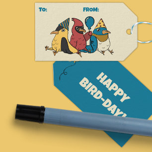 Happy Bird Day Cartoon Birds thema Verjaardag Cadeaulabel