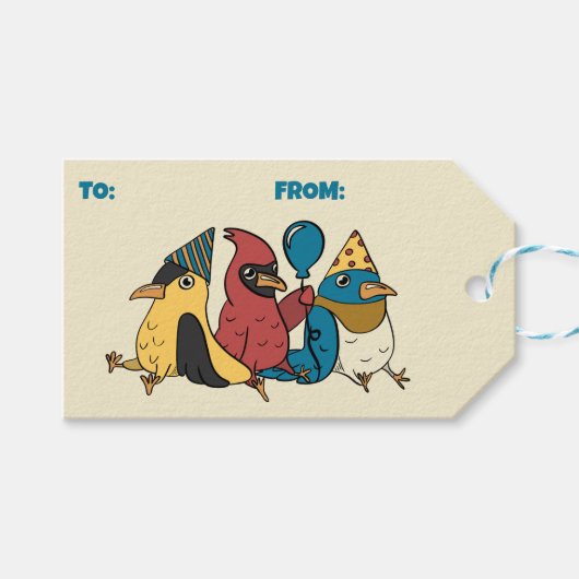 Happy Bird Day Cartoon Birds thema Verjaardag Cadeaulabel (Voorkant (Horizontaal))