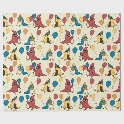 Happy Bird Day Cartoon Birds thema Verjaardag Cadeaupapier (Vlak)