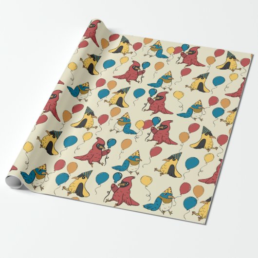 Happy Bird Day Cartoon Birds thema Verjaardag Cadeaupapier (Uitgerold)